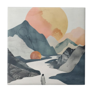 Celestial Boho Woman Golden Coral Mountain Journey Tile