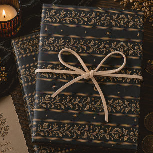 Celestial Botanical Black Gold Winter Solstice Wrapping Paper Sheet