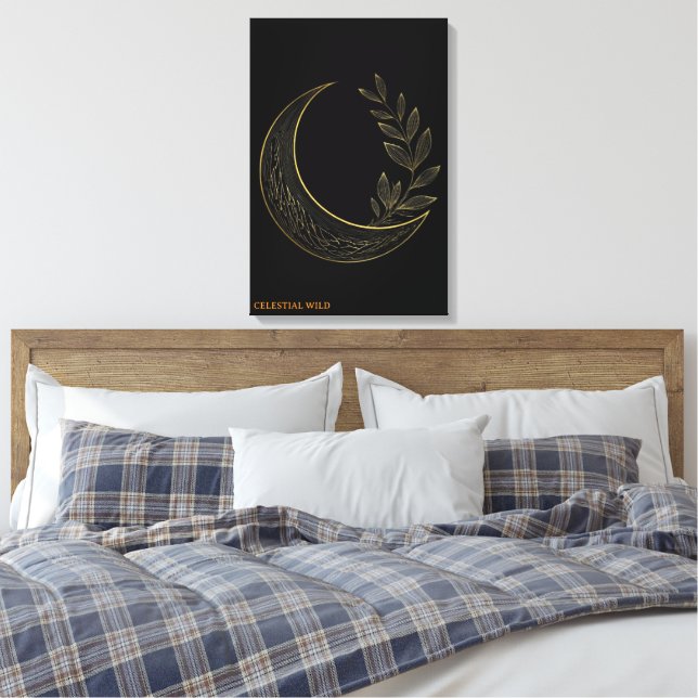 Celestial Botanical Crescent Gold Canvas Wall Art (Insitu(Bedroom))