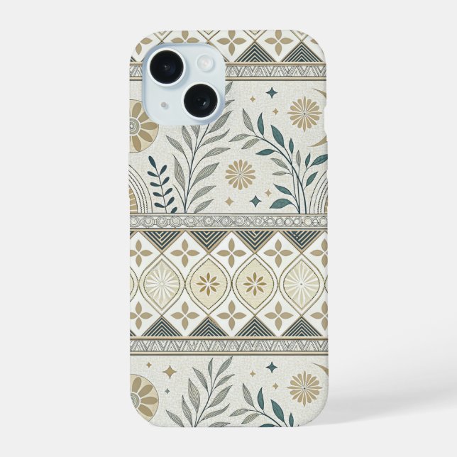 Celestial Botanical Folk Art Seamless Pattern iPhone 15 Case (Back)