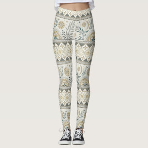 Celestial Botanical Folk Art Seamless Pattern Leggings