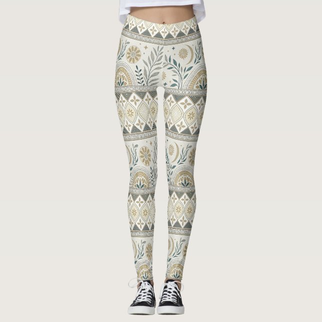 Celestial Botanical Folk Art Seamless Pattern Leggings (Front)