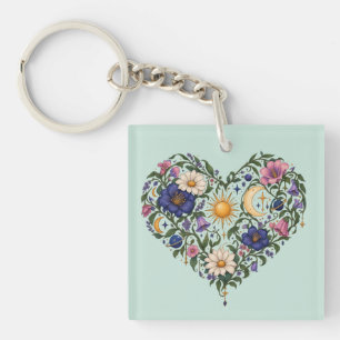 Celestial Botanical Heart Keychain