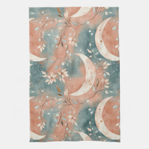 Celestial Botanical Pattern Terracotta Slate Blue Tea Towel