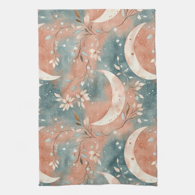 Celestial Botanical Pattern Terracotta Slate Blue  Tea Towel (Vertical)