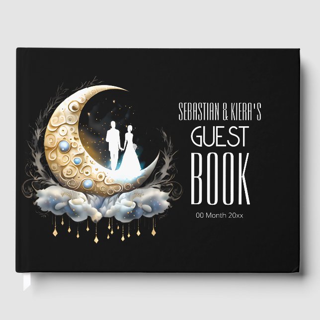 Celestial bridal couple silhouette crescent moon  guest book (Front)