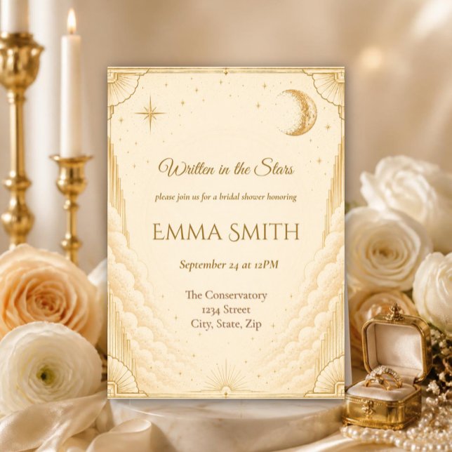 Celestial Bridal Shower Invitation | Elegant Moon (Elegant celestial bridal shower invitation with gold moon and stars.)