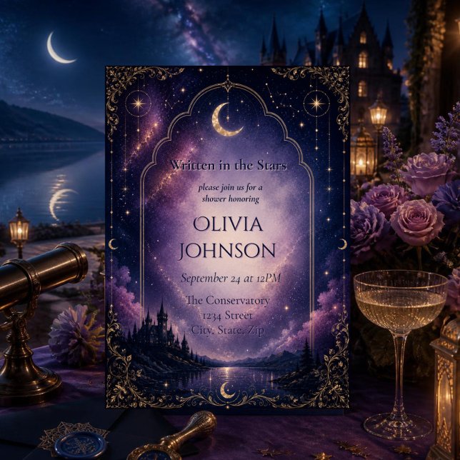 Celestial Bridal Shower Invitation | Moonlit (Elegant celestial bridal shower invitation with moonlit castle, purple galaxy & gold Art Deco frame)