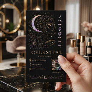 Celestial Brow Artist Luxury Black-Gold QR Beauty Business Card