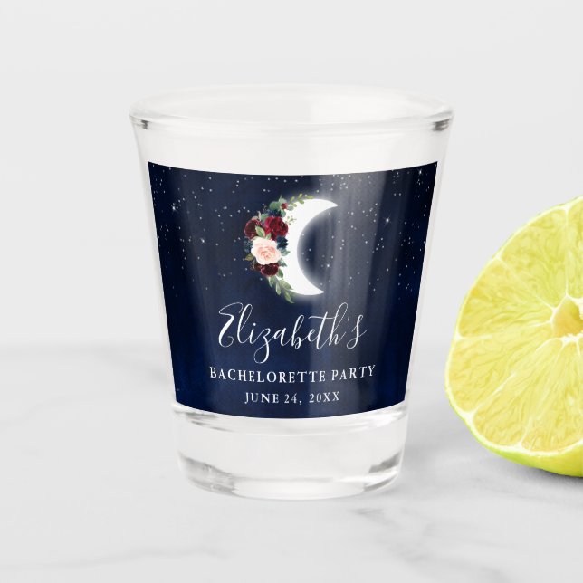 Celestial Burgundy Floral Moon Bachelorette Party Shot Glass (Front)