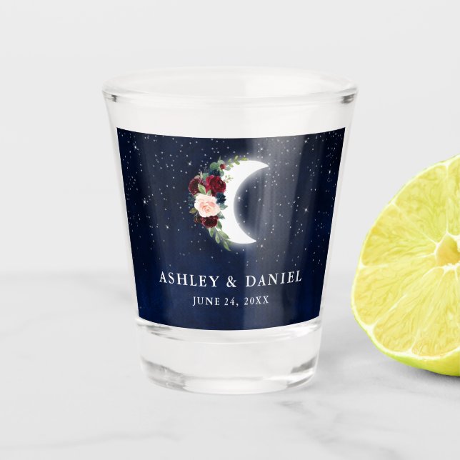 Celestial Burgundy Floral Moon Stars Wedding Shot Glass (Front)