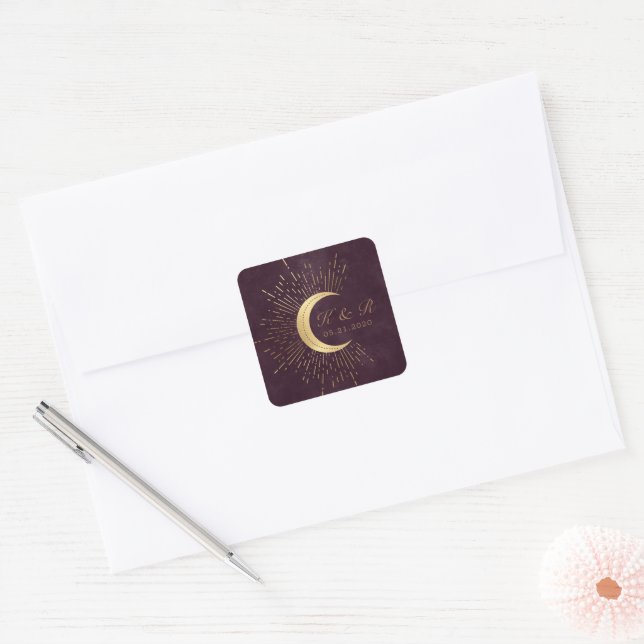 Celestial Burgundy Gold Moon And Stars Wedding Square Sticker (Envelope)