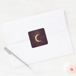 Celestial Burgundy Gold Moon And Stars Wedding Square Sticker