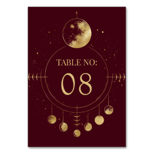 Celestial Burgundy Gold Moon Phases Wedding Table Number