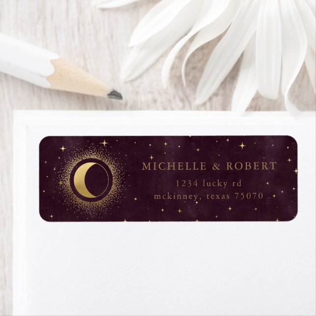 Celestial Burgundy Gold Moon Return Address Label (Insitu)