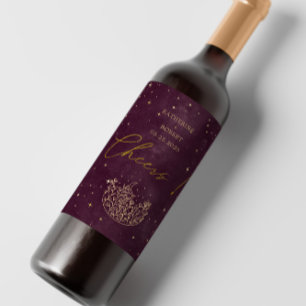 Celestial Burgundy Gold Moon Wedding Wine Label