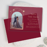 Celestial Burgundy Gold Photo Save The Date Vellum Invitations<br><div class="desc">Celestial Chic Burgundy Gold Photo Wedding Vellum Save The Dates Invitations features a gold sun, moon and stars frame on an elegant burgundy red background. Inside is your favourite photo and your custom save the date information. Personalise by editing the text in the text boxes. Designed for you by ©Evco...</div>