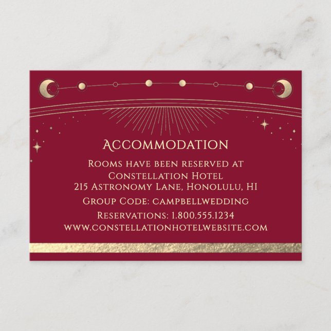 Celestial Burgundy Sun Moon Stars Accommodation Enclosure Card (Front)