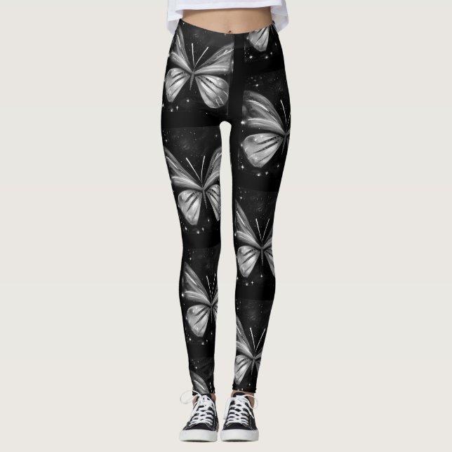 Celestial Butterfly Black and White Galaxy  Leggings (Front)