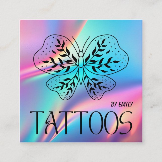 Celestial Butterfly Tattoo Salon Holographic Square Business Card (Front)