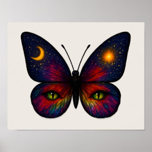 Celestial Cat-Eye Butterfly Sun Moon Star Boho Art Poster