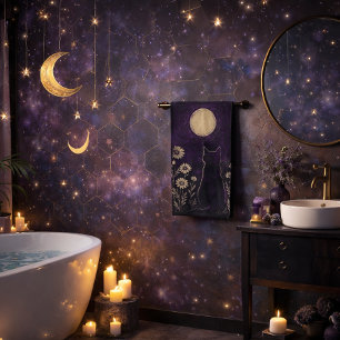 Celestial Cat Floral Purple Bath Towel Set