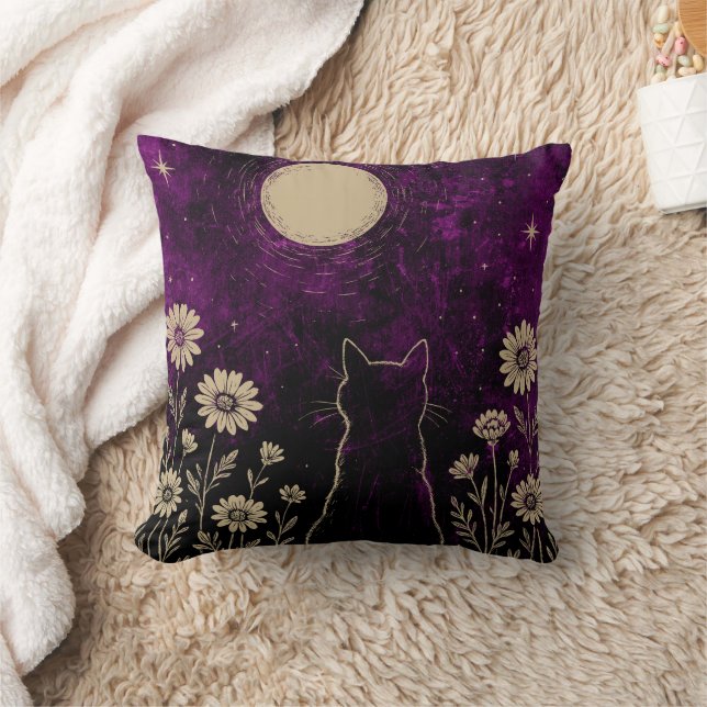 Celestial Cat Floral Purple Cushion (Blanket)