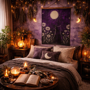 Celestial Cat Floral Purple Hanging Tapestry