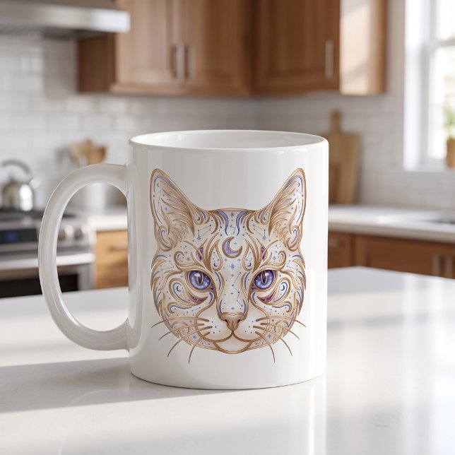 Celestial Cat Mug Gold & Blue Luxury Line Art (Creator Uploaded)