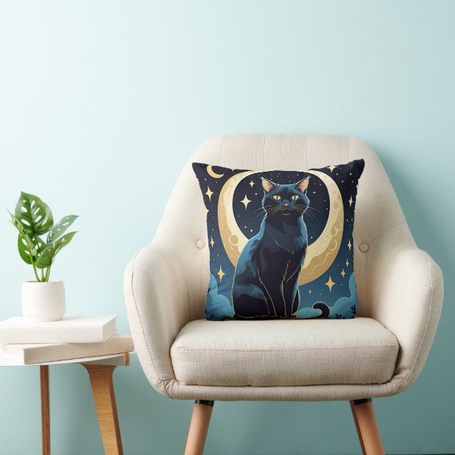 Celestial Cat Throw Pillow – Magical Moonlight & S (Chair)