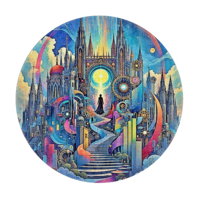 Celestial Cathedral Cityscape Cutting Board (Front)