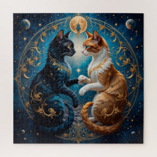 Celestial Cats in Cosmic Art with Gold and Blue Jigsaw Puzzle