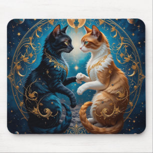 Celestial Cats in Cosmic Art with Gold and Blue Mouse Mat