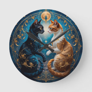 Celestial Cats in Cosmic Art with Gold and Blue Round Clock