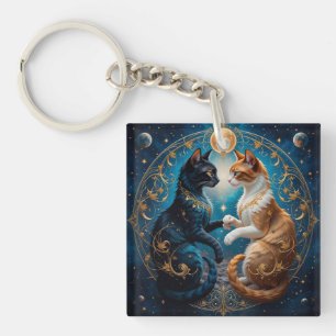 Celestial Cats With Cosmic Gold Blue Theme 🐱 Key Ring