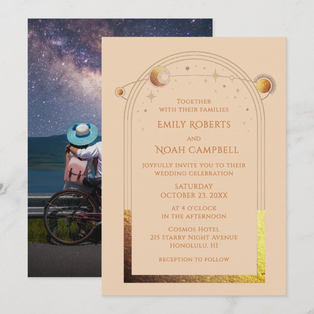 Celestial Champagne Gold Elegant Photo Wedding Invitation (Front/Back)