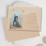 Celestial Champagne Gold Photo Save The Date Vellum Invitations<br><div class="desc">Celestial Chic Champagne Gold Photo Wedding Vellum Save The Dates Invitations features a gold sun, moon and stars frame on an elegant champagne background. Inside is your favourite photo and your custom save the date information. Personalise by editing the text in the text boxes. Designed for you by ©Evco Studio...</div>
