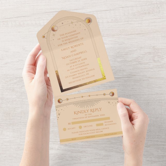 Celestial Champagne Gold Sun Moon Stars Wedding All In One Invitation (Tearaway)