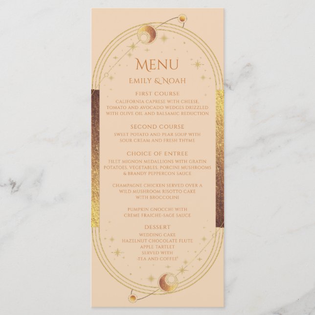 Celestial Champagne Gold Sun Moon Stars Wedding Menu (Front)