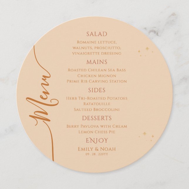 Celestial Champagne Sun Moon Stars Space Wedding Menu (Front)