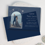 Celestial Chic Blue Silver Photo Wedding Vellum Invitations<br><div class="desc">Celestial Chic Blue Silver Photo Wedding Vellum Save The Dates Invitations features a silver coloured sun, moon and stars frame on an elegant blue background. Inside is your favourite photo and your custom save the date information. Personalise by editing the text in the text boxes. Designed for you by ©Evco...</div>