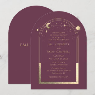 Celestial Chic Plum Gold Sun Moon Stars Space Invitation