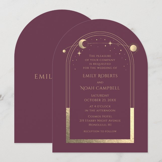 Celestial Chic Plum Gold Sun Moon Stars Space Invitation (Front/Back)