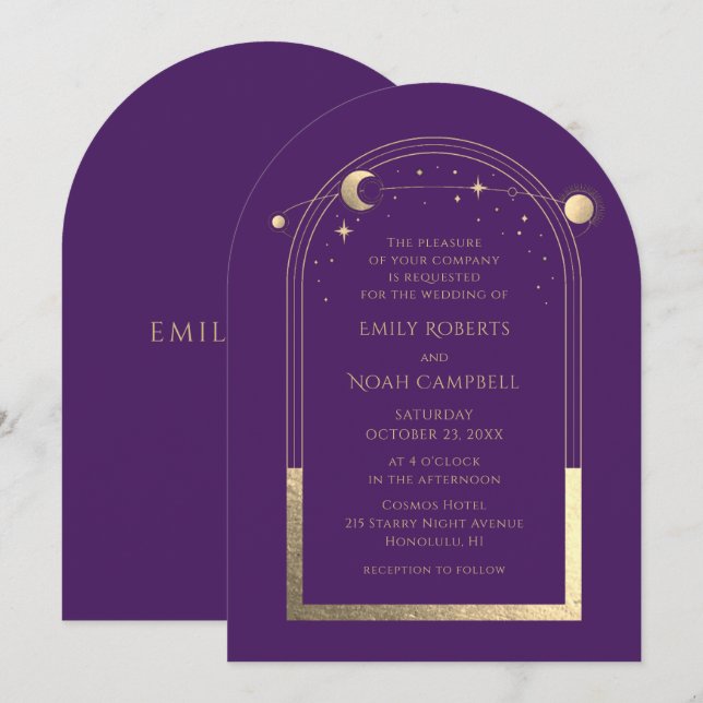 Celestial Chic Purple Gold Sun Moon Stars Space Invitation (Front/Back)