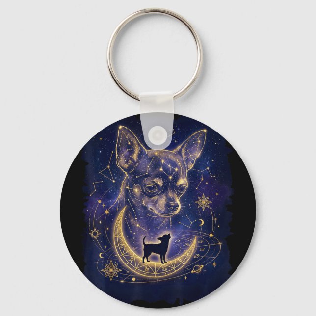 Celestial chihuahua howling at the moon moon phase key ring (Front)