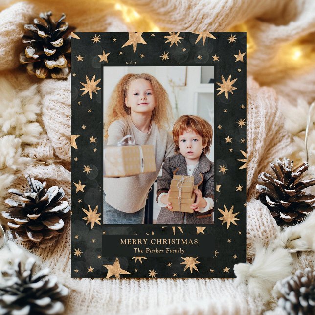 Celestial Christmas | Gold Stars on Black Photo Holiday Card (Creator Uploaded)