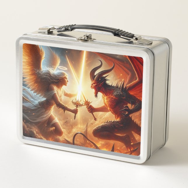 Celestial Clash: Red & Gold Metal Lunch Box (Front)