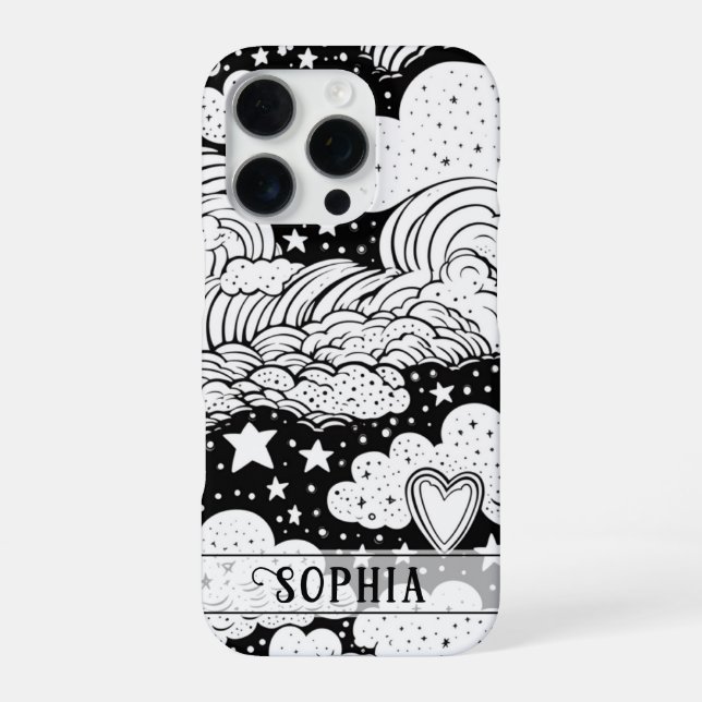 Celestial Clouds Stars Doodle Personalised iPhone Case (Back)