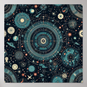 Celestial Compass: Vibrant Star Map on Blue Poster