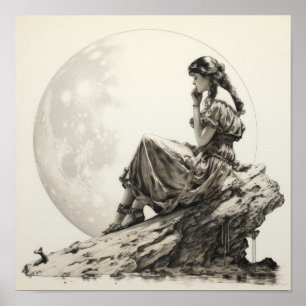 Celestial Contemplations: Girl on the Moon Ponderi Poster